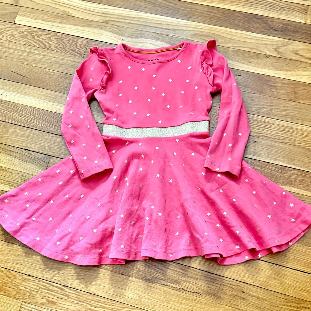 Mini Boden Girls’ 5-6Y Mabel Foil Star Long Sleeve Cotton Twirly Dress